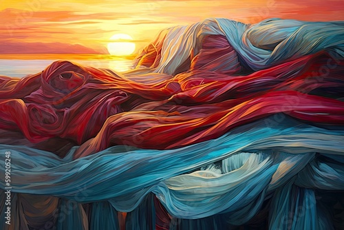 Colorful cloth weaved abstract painting over a sunset background, with dreamlike realism and flowing draperies. Perfect for decor. Generative AI