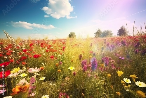 Vivid and bright flowers in a field with photorealistic landscapes in spring and summer. Help save the planet! Generative AI