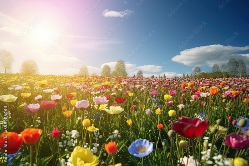 Vivid and bright flowers in a field with photorealistic landscapes in spring and summer. Help save the planet! Generative AI