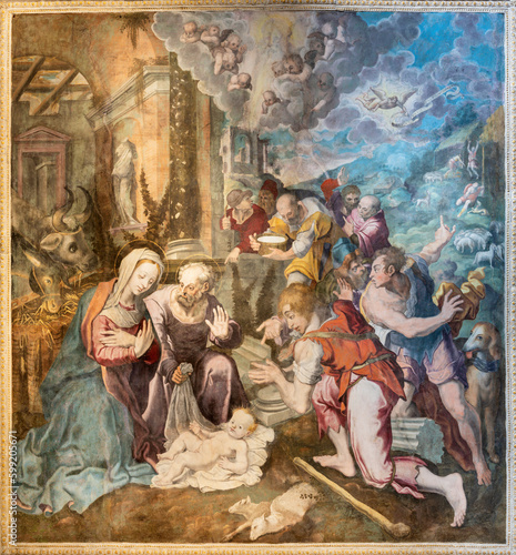 Obraz na płótnie NAPLES, ITALY - APRIL 23, 2023: The fresco of  Nativity - Adoration of Shepherds in the church Chiesa di San Giovanni a Carbonara by unknown mannerist painter from years (1570 - 1575)