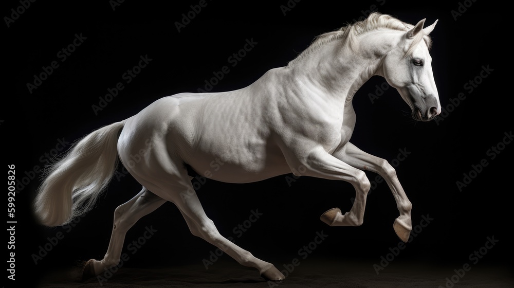 Fototapeta premium Sophisticated Ivory Steed Galloping, Refined Horseback Competitor, Contesting Horse Riding Discipline.