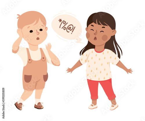 Offensive Girl Bullying and Abusing Boy Agemate Scolding at Him with Swear Words Vector Illustration