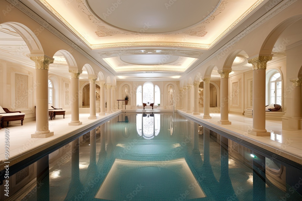 Luxurious indoor hotel pool, interior. Generative ai.