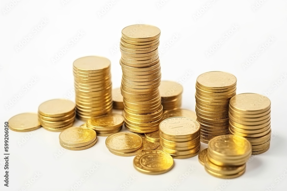 Lots of golden coins in stacks on a white background. Generative ai. Lots of golden coins in stacks on a white background. Generative ai.