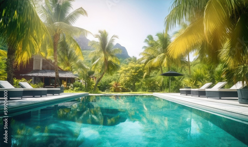 Luxurious vacation in an exotic country  a hotel with a large swimming pool. Generative ai.