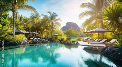 Luxurious and rich vacation on tropical islands, hotel pool against the backdrop of mountains and jungle. Generative ai. © Iryna