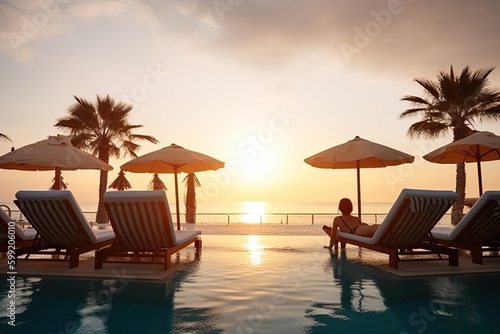 People relax on sun loungers near the pool against the backdrop of sunset. Generative ai. © Iryna