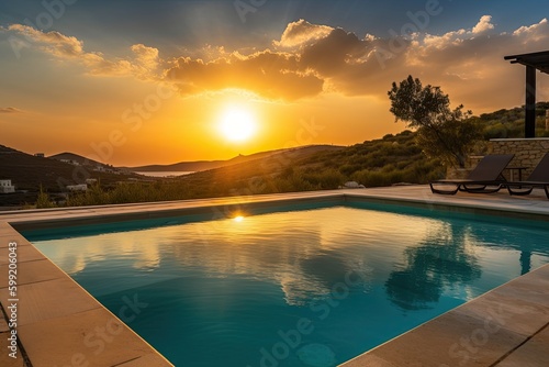 Private blue modern swimming pool at sunset in the villa. Generative ai.