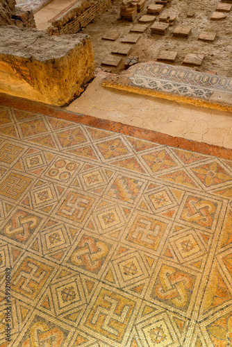 Roman Mosaic, La Olmeda Roman Village, Archaeological Site,  Spanish Cultural Property, Pedrosa de la Vega, Palencia, Castile and Leon, Spain, Europe photo