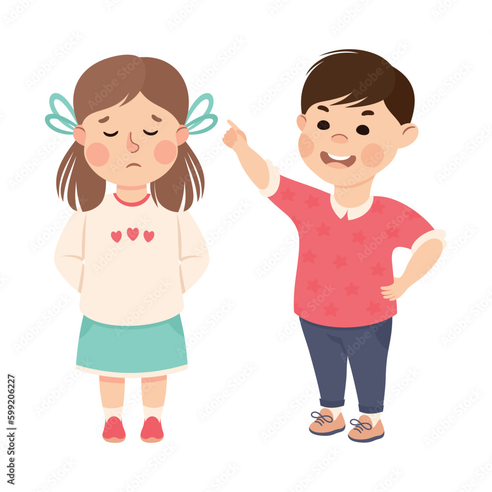 Offensive Boy Bullying and Abusing Unhappy Girl Agemate Pointing Finger and Teasing Her Vector Illustration Offensive Boy Bullying and Abusing Unhappy Girl Agemate Pointing Finger and Teasing Her Vector Illustration
