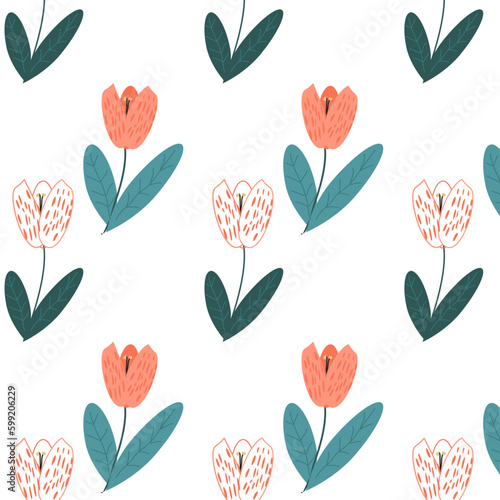 pattern of hand drawn white and pink tulips