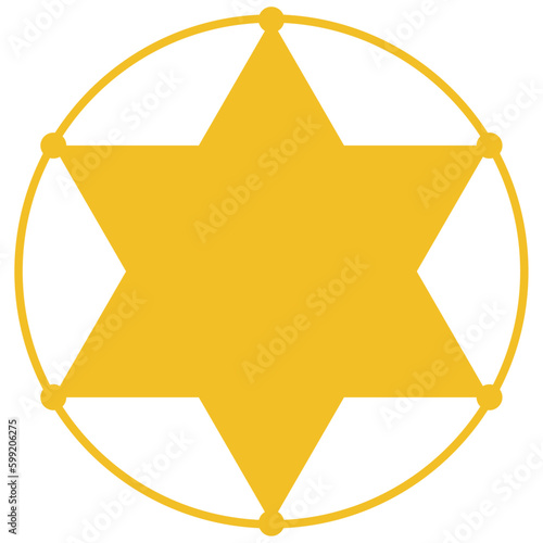 Sheriff's badge icon, yellow golden color six pointed hexagonal star with circle vector. Flat style wild west, police, western, deputy, authority idea concept symbol with isolated background.