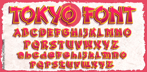 Asian Japanese font type, typeface alphabet or Japan typography vector text. Japanese hieroglyphs style font letters and character signs for sushi bar, samurai calligraphy typeset of oriental symbols 