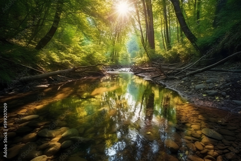 Obraz premium Water stream in a lush forest, with morning sun rays reflecting in the water, representing the peaceful and serene beauty of nature. Ai generated