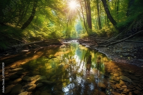 Water stream in a lush forest, with morning sun rays reflecting in the water, representing the peaceful and serene beauty of nature. Ai generated