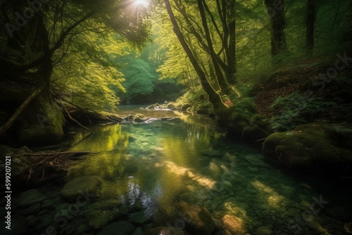 Water stream in a lush forest, with morning sun rays reflecting in the water, representing the peaceful and serene beauty of nature. Ai generated © twindesigner