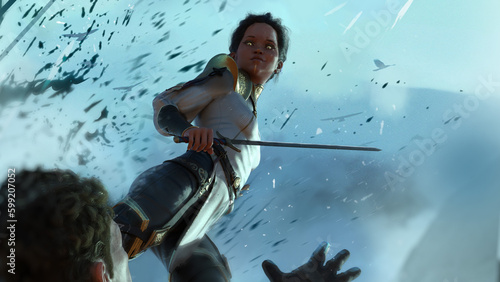 Scandinavian black Viking girl with a sword in her hands, drops of blood are flying through the air, the heroine's eyes are shining, the warrior is screaming in fear, an epic battle. 2d art