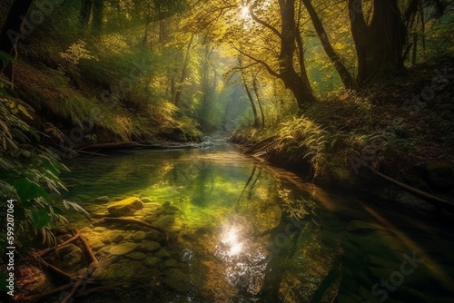 Water stream in a lush forest, with morning sun rays reflecting in the water, representing the peaceful and serene beauty of nature. Ai generated © twindesigner