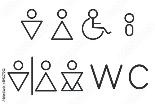 Toilet line icon set. WC sign. Men,women,mother with baby and handicap symbol. Restroom for male, female, transgender, disabled. Vector graphics.