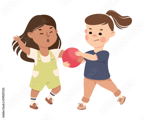 Offensive Girl Bullying and Abusing Her Agemate Taking Ball Away Vector Illustration
