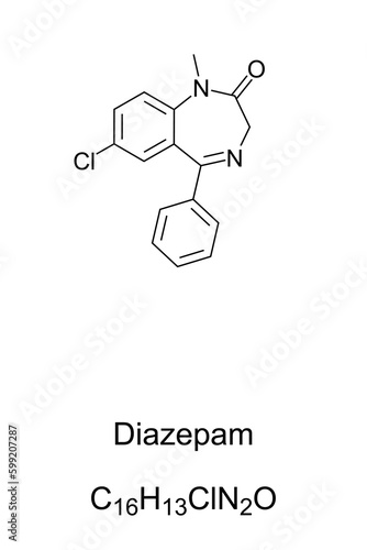 Diazepam, chemical formula and structure. Known as Valium, a medicine of the benzodiazepine family, an anxiolytic, to treat anxiety, insomnia, panic attacks and symptoms of acute alcohol withdrawal.