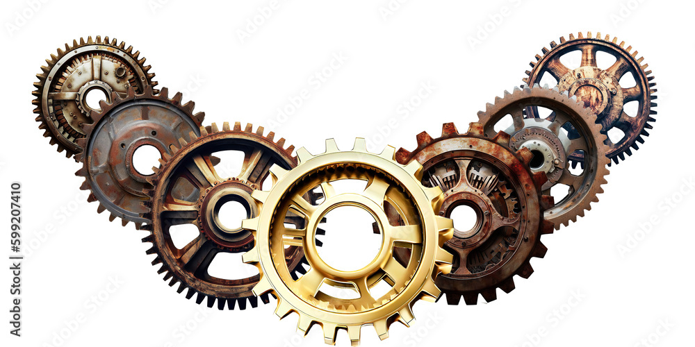 Set of vintage gears. One gear is highlighted in gold. . Generative AI ...