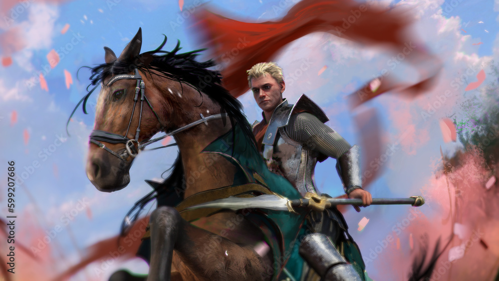 The handsome blond prince is a fantastic warrior in steel armor riding a brown horse galloping across the battlefield, in his hands he holds a red flag fluttering in the wind and a sharp spear.2d art