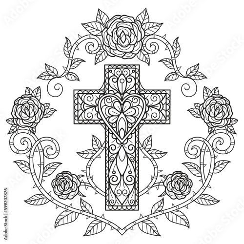Cross and rose hand drawn for adult coloring book