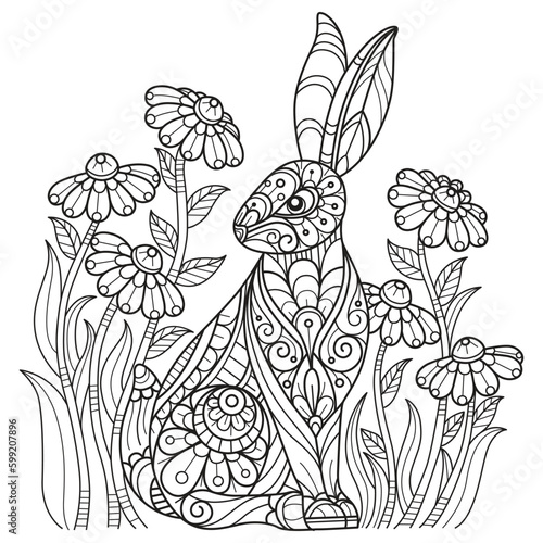 Rabbit and flower garden hand drawn for adult coloring book