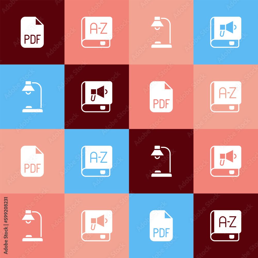 Set pop art PDF file document, Translator book, Table lamp and Book icon. Vector Set pop art PDF file document, Translator book, Table lamp and Book icon. Vector