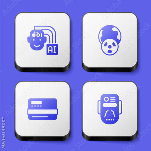 Set Humanoid robot, Planet earth and radiation, Credit card and Artificial intelligence icon. White square button. Vector