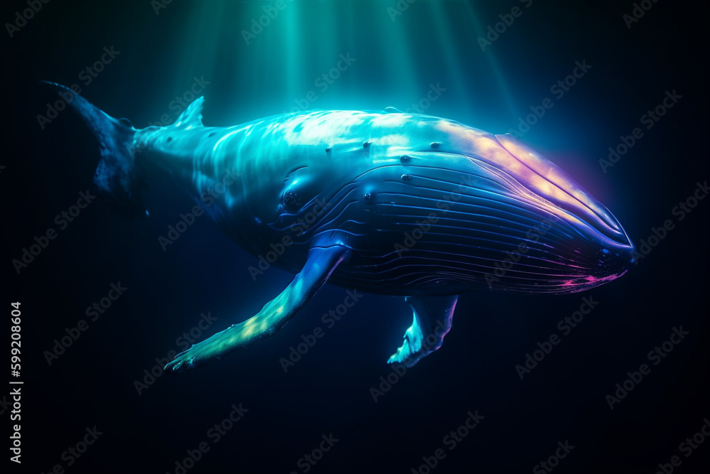 Blue Whale, Majestic Creature of the Ocean, swimming in the ocean with sun rays shining through the water. Ai generated