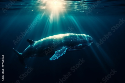 Blue Whale, Majestic Creature of the Ocean, swimming in the ocean with sun rays shining through the water. Ai generated © twindesigner