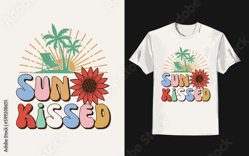 Vintage summer t-shirt with sun kissed slogan. 
Trendy groovy print design for posters, stickers, cards, and t-shirts. Vector illustration in style retro 70s, 80s design
 photo