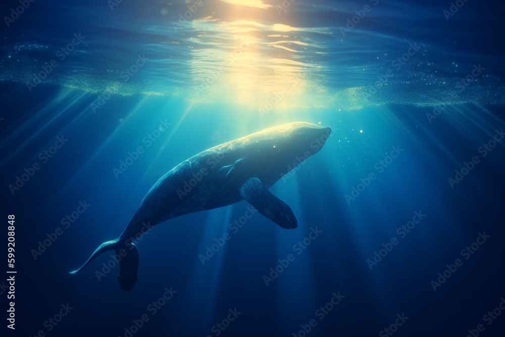Fototapeta premium Blue Whale, Majestic Creature of the Ocean, swimming in the ocean with sun rays shining through the water. Ai generated