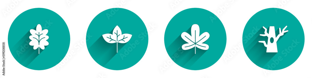 Set Leaf, Chestnut leaf and Bare tree icon with long shadow. Vector Set Leaf, Chestnut leaf and Bare tree icon with long shadow. Vector