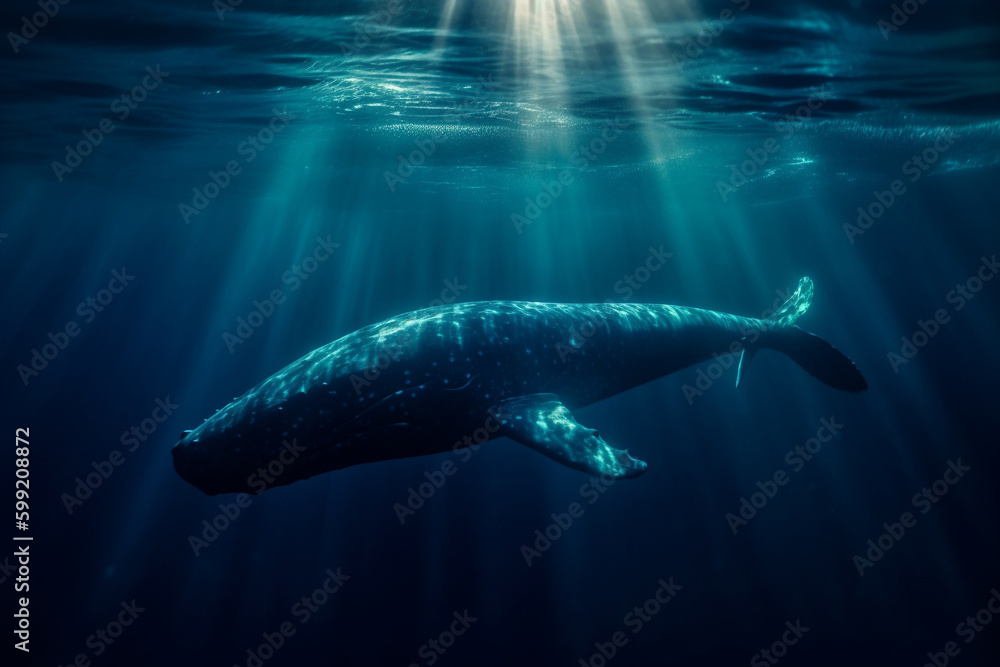 Blue Whale, Majestic Creature of the Ocean, swimming in the ocean with sun rays shining through the water. Ai generated