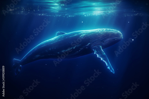 Blue Whale, Majestic Creature of the Ocean, swimming in the ocean with sun rays shining through the water. Ai generated © twindesigner