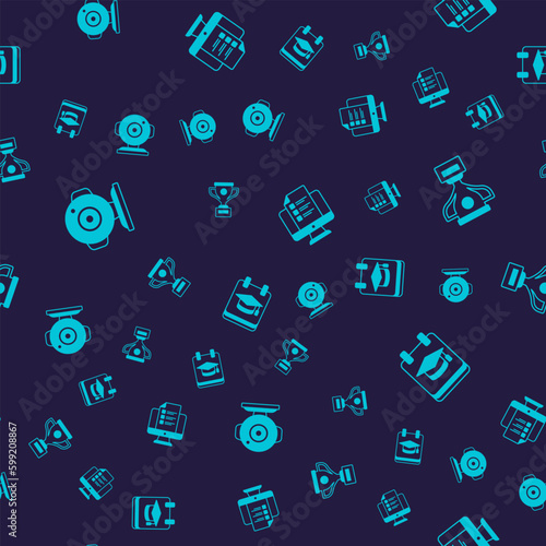 Set Web camera, Award cup, Online quiz, test, survey and education on seamless pattern. Vector