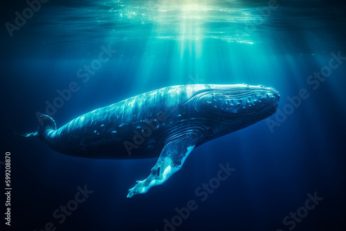 Blue Whale, Majestic Creature of the Ocean, swimming in the ocean with sun rays shining through the water. Ai generated