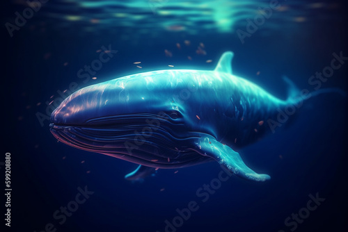 Blue Whale  Majestic Creature of the Ocean  swimming in the ocean with sun rays shining through the water. Ai generated