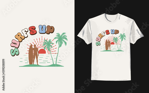 Vintage summer t-shirt with surfs up the slogan.
Trendy groovy print design for posters, stickers, cards, and t-shirts. Vector illustration in style retro 70s, 80s design

