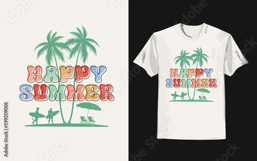 Vintage summer t-shirt with happy summer slogan 
Trendy groovy print design for posters, stickers, cards, and t-shirts. Vector illustration in style retro 70s, 80s design
 photo