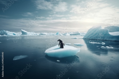 Fotobehang Global Warming Concept with Penguin on a Stranded Melting Iceberg emphasizing the danger of Global Warming