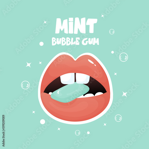 illustration of lips with the mint flavor chewing cute cartoon bubble gum