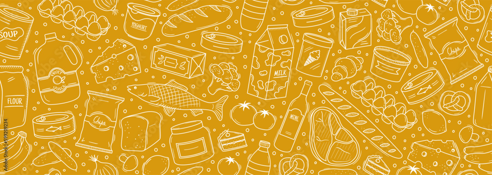 Seamless vector banner with hand drawn supermarket products illustrations. Background with doodle food sketches. Concept for grocery delivery and shopping. Cooking ingredients pattern - obrazy, fototapety, plakaty 