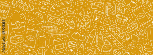Obraz na płótnie Seamless vector banner with hand drawn supermarket products illustrations