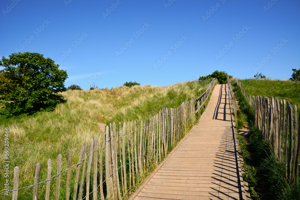 Wooden empty path up the hill with handmade railing in perspective