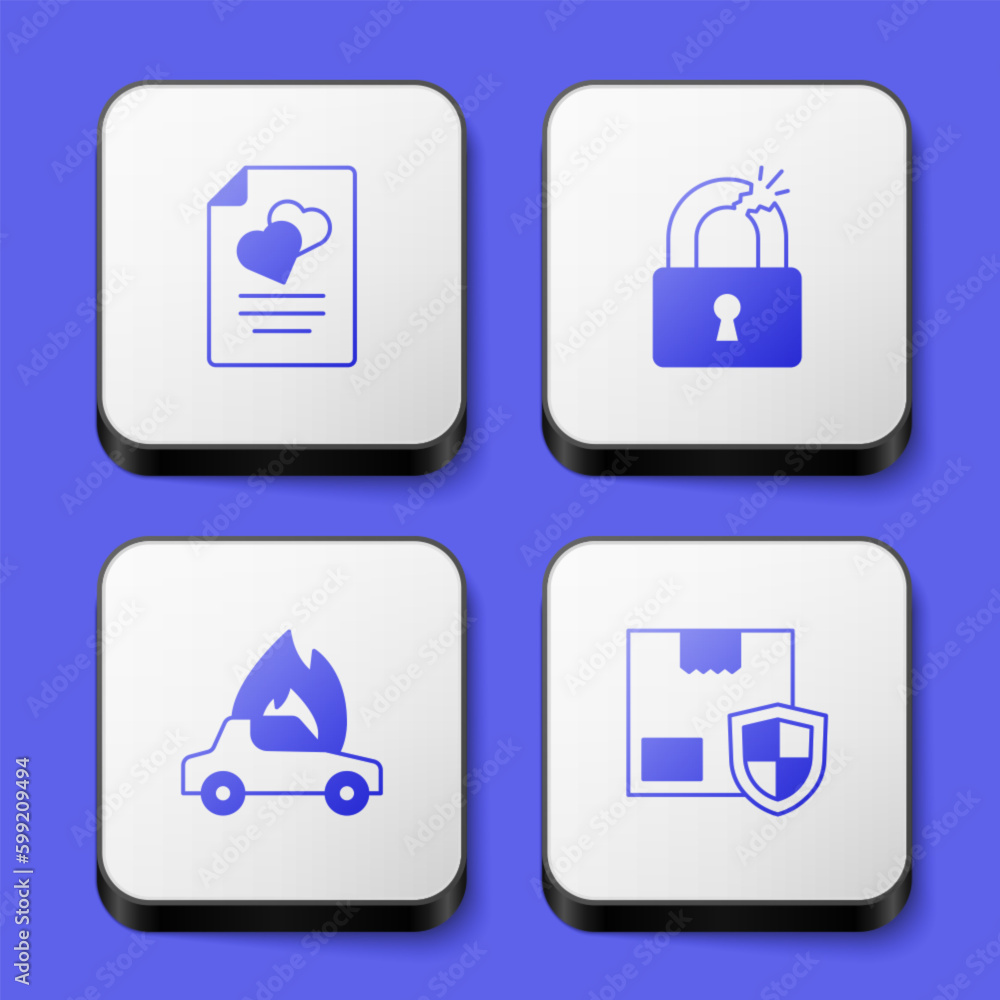 Set Marriage contract, Broken or cracked lock, Burning car and Delivery security with shield icon. White square button. Vector Set Marriage contract, Broken or cracked lock, Burning car and Delivery security with shield icon. White square button. Vector