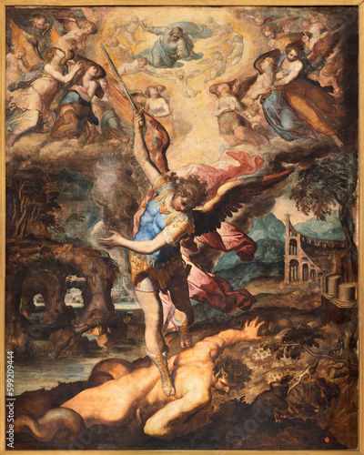 NAPLES, ITALY - APRIL 19, 2023: The painting of Michael Archangel in the church Chiesa di Sant\'Angelo a Nilo by Marco dal Pino (1573).